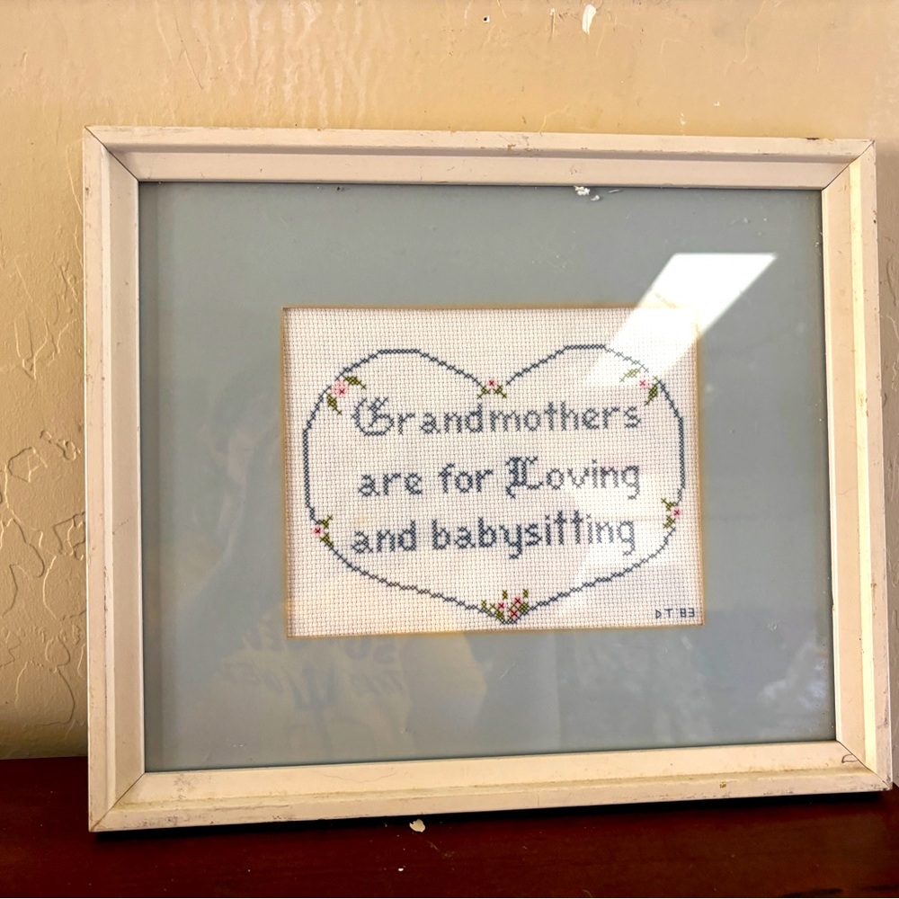 Grandma Core Cottage Core White Framed Cross-Stitch Art Grandmas are for Loving
